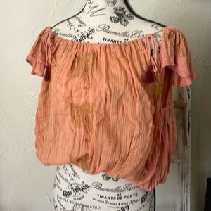 Free People Boho Top Size XS Pukka  Embroidered with Tassels 100% Cotton